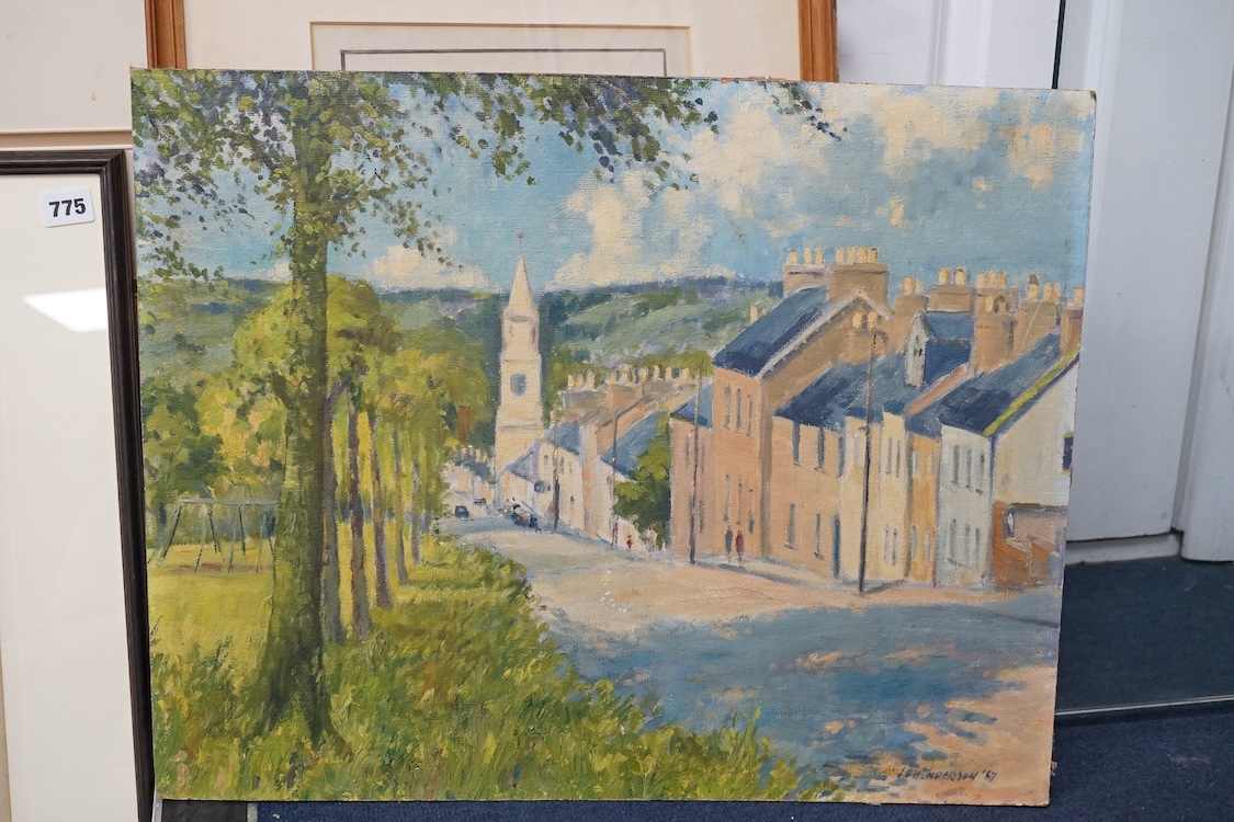 J. Henderson, mid century oil on board, street scene, signed and dated ‘67, unframed. Condition - fair